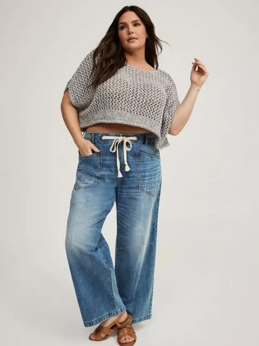Torrid. Grey Marled Open-Stitch Pullover Oversized Cropped Sweater. Size 1/2.